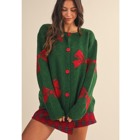 🌟 “The Gena" Christmas Bow Printed Wool Sweater Cardigan - Picture 1 of 4
